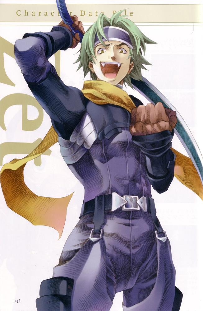 ahoge belt fang gloves green_hair headband male messy_hair official_art ooba_wakako open_mouth scan solo sword teeth weapon wild_arms wild_arms_1 wild_arms_alter_code_f yellow_eyes zed