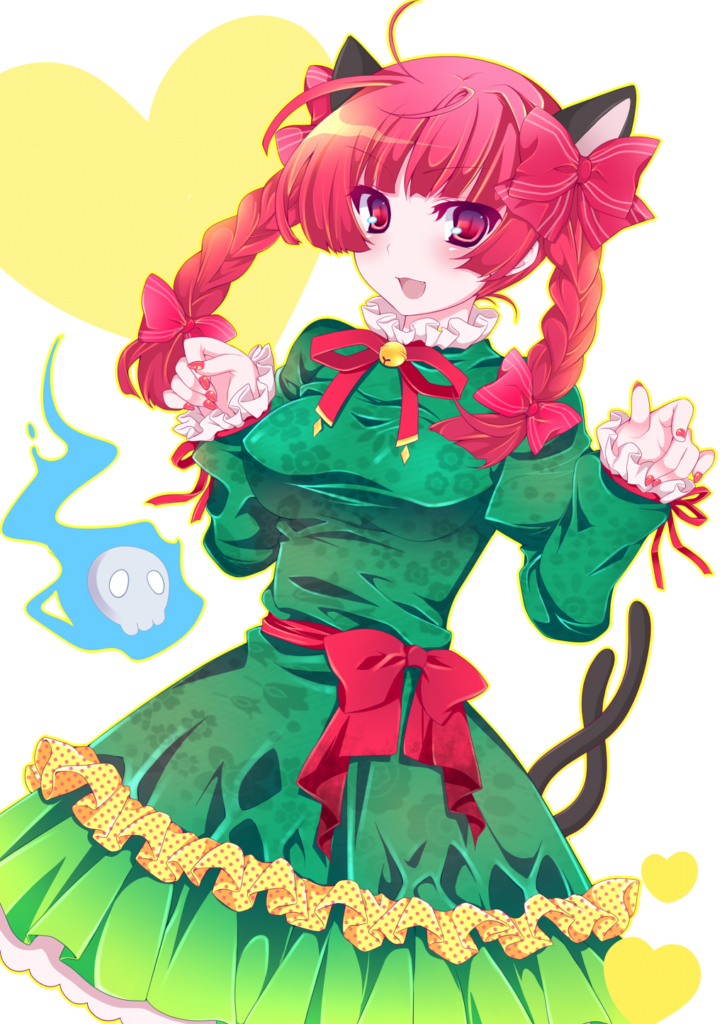 animal_ears blush bow braid cat_ears cat_tail dress extra_ears fang fingernails fire flame hair_bow highres kaenbyou_rin multiple_tails nail_art open_mouth red_eyes red_hair redhead shino_(mijinko) short_hair skull smile solo tail touhou twin_braids twintails