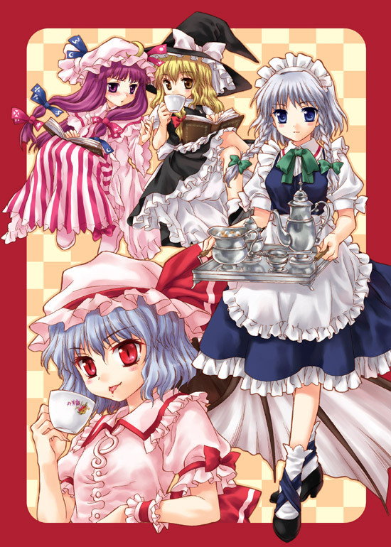 :p artist_request bat_wings blonde_hair bloomers blue_eyes book braid checkered checkered_background covering covering_face covering_mouth crescent cup hat izayoi_sakuya kirisame_marisa maid maid_headdress multiple_girls patchouli_knowledge purple_eyes purple_hair red_eyes remilia_scarlet sato-pon short_sleeves silver_hair sitting source_request standing tablet tea_set teacup teapot tongue touhou twin_braids wings witch_hat wrist_cuffs