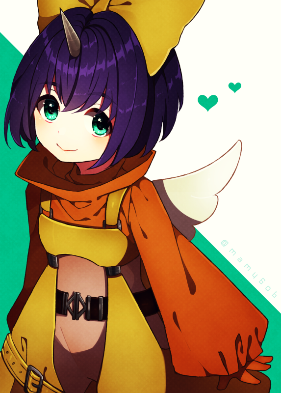 1girl bodysuit bow closed_mouth eiko_carol final_fantasy final_fantasy_ix gloves green_eyes hair_bow horns looking_at_viewer mamyouda purple_hair short_hair single_horn smile solo wings yellow_bow