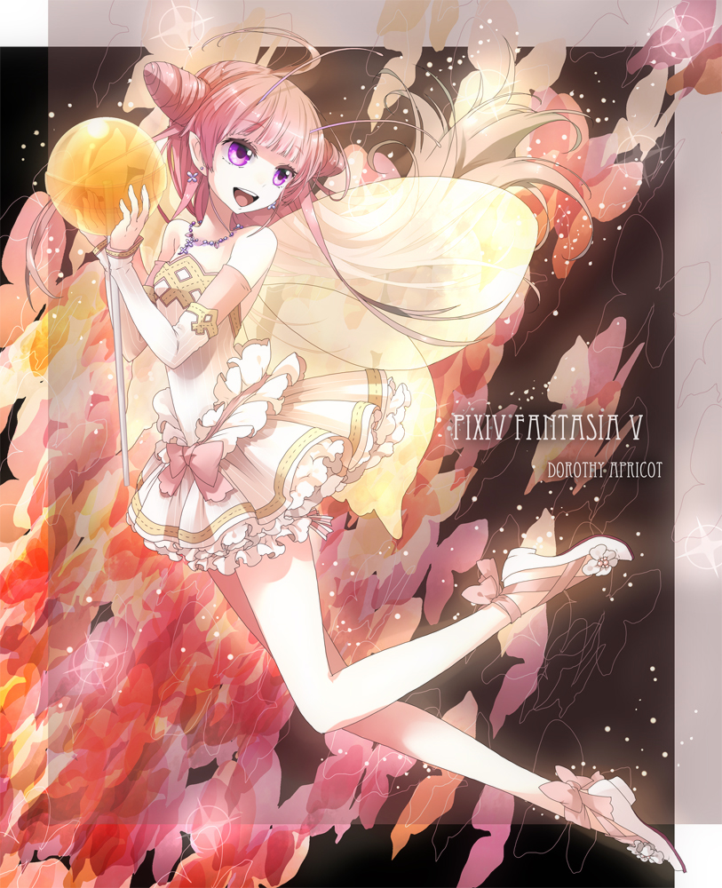 antennae ball bare_legs bare_shoulders butterfly_wings candy detached_sleeves double_bun fairy fairy_wings lollipop long_hair magical_girl open_mouth pink_hair pixiv_fantasia pixiv_fantasia_5 plastick pointy_ears purple_eyes smile solo violet_eyes wings