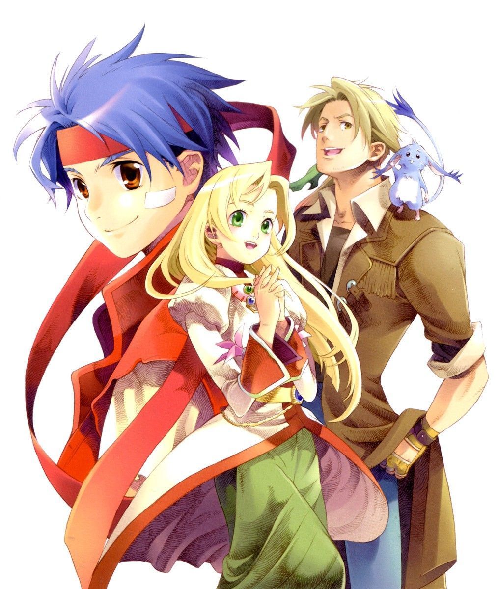 2boys ahoge bandage bandages blonde_hair blue_hair brown_eyes brown_hair cecilia_lynne_adelhyde coat creature dress gloves green_dress green_eyes hanpan highres jack_van_burace jeans jewelry long_hair multiple_boys official_art ooba_wakako open_mouth rody_roughnight scan shirt smile tail vest white_background wild_arms wild_arms_1 wild_arms_alter_code_f