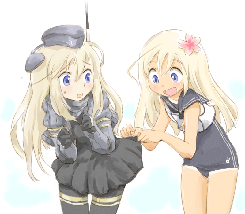 2girls blonde_hair blue_eyes crop_top cropped_jacket dress dual_persona flower garrison_cap hair_flower hair_ornament hat kantai_collection long_hair military military_uniform multiple_girls ohyo puffy_sleeves ro-500_(kantai_collection) sailor_collar school_swimsuit skirt skirt_lift swimsuit swimsuit_under_clothes u-511_(kantai_collection) uniform