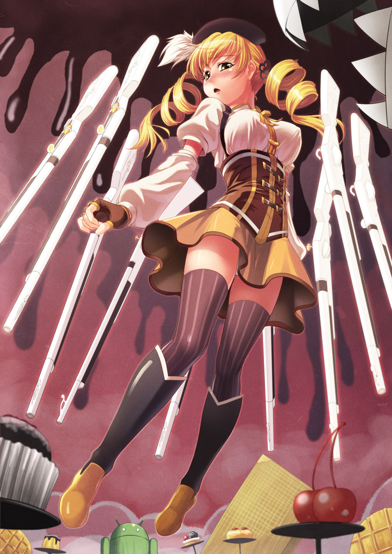 android_(os) beret blonde_hair blush boots charlotte_(madoka_magica) detached_sleeves drill_hair fate/stay_night fate_(series) fingerless_gloves gloves gun hair_ornament hairpin hat magical_musket mahou_shoujo_madoka_magica man_(trance) pleated_skirt puffy_sleeves ribbon skirt solo thigh-highs thighhighs tomoe_mami twintails unlimited_blade_works vertical-striped_legwear vertical_stripes weapon yellow_eyes zettai_ryouiki
