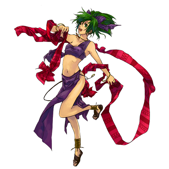 bow bracelet dancer dancing fire_emblem fire_emblem:_seisen_no_keifu green_eyes green_hair hair_bow jewelry kaito_(sawayakasawaday) leen_(fire_emblem) midriff necklace open_mouth ponytail simple_background solo transparent_background