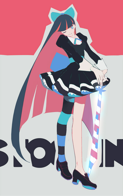 bad_id hair_ribbon lolita_fashion long_hair long_sleeves multicolored_hair okomeuma panty_&amp;_stocking_with_garterbelt ribbon shoes short_dress single_thighhigh smile solo spot_color standing stocking_(character) stocking_(psg) stripes_i_&amp;_ii sword thigh-highs thighhighs two-tone_hair weapon wink