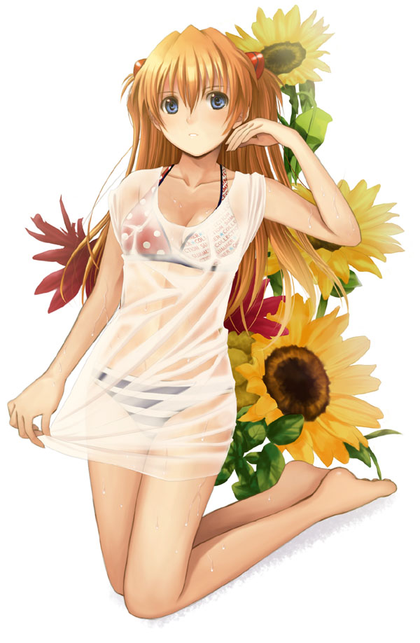 barefoot bikini blue_eyes brown_hair clothes_writing clothing_writing flower hijiri_ruka long_hair neon_genesis_evangelion orange_hair see-through solo soryu_asuka_langley souryuu_asuka_langley sunflower swimsuit t-shirt wet wet_clothes