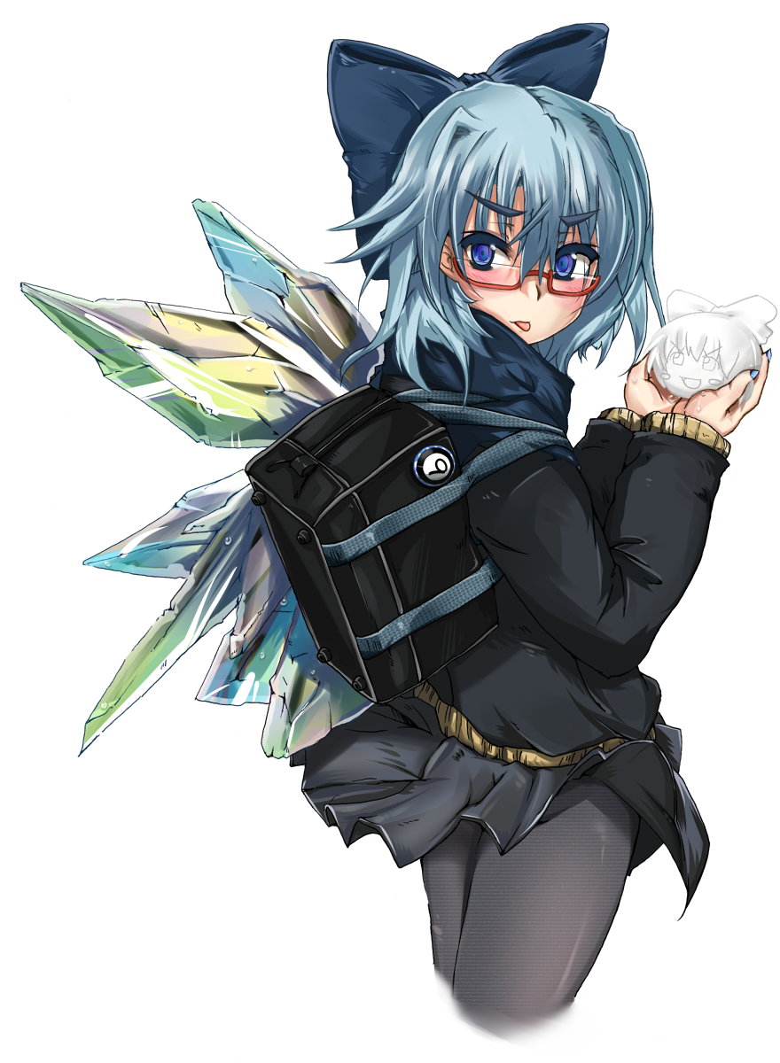 :p ? alternate_costume backpack bag bespectacled black_legwear blue_eyes blue_hair blush bow cirno contemporary glasses hair_bow higasiya highres ice looking_back pantyhose short_hair snowball solo tongue touhou wings yukkuri_shiteitte_ne â‘¨