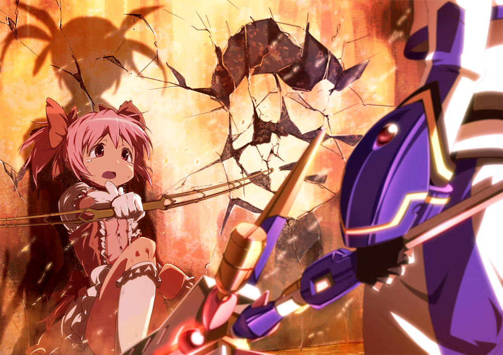 against_wall battle bow bow_(weapon) broken_wall bun150 crack cracks crossover dress fingerless_gloves gloves hair_bow kaname_madoka kneehighs lyrical_nanoha mahou_shoujo_lyrical_nanoha mahou_shoujo_lyrical_nanoha_the_movie_1st mahou_shoujo_madoka_magica multiple_girls official_style outstretched_arm pink_hair raising_heart scared shadow short_hair short_twintails sitting takamachi_nanoha tears twintails weapon white_devil white_gloves white_legwear you_gonna_get_raped
