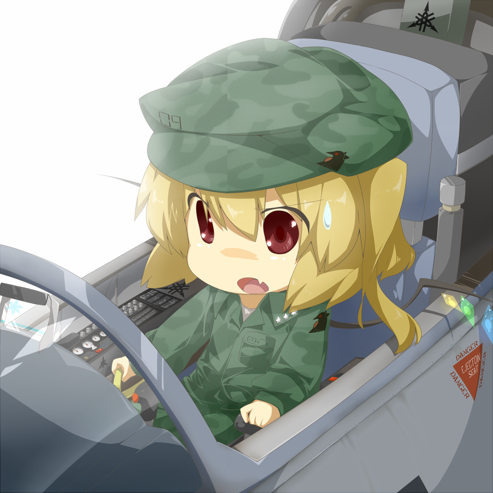 1girl alternate_costume bad_id blonde_hair chibi cockpit eiri_(eirri) fang flandre_scarlet hat pilot red_eyes reiuji_utsuho reiuji_utsuho_(bird) short_hair side_ponytail sitting skin_fang solo sweatdrop touhou wings yamaha