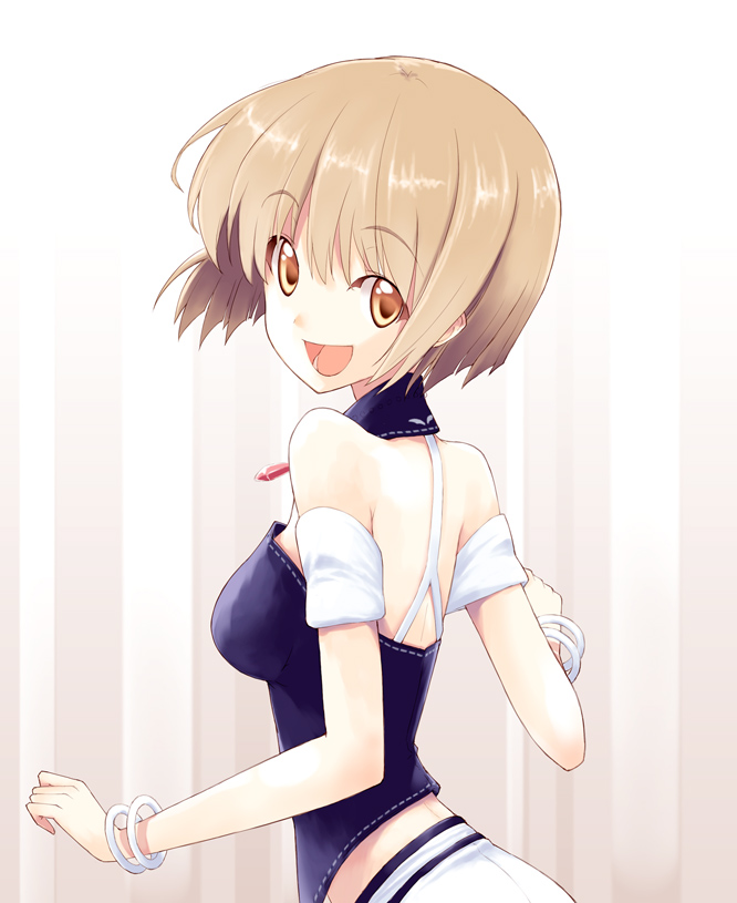 bare_shoulders bob_cut bracelet breasts brown_hair jewelry looking_at_viewer naporu open_mouth orange_eyes original short_hair smile solo yellow_eyes