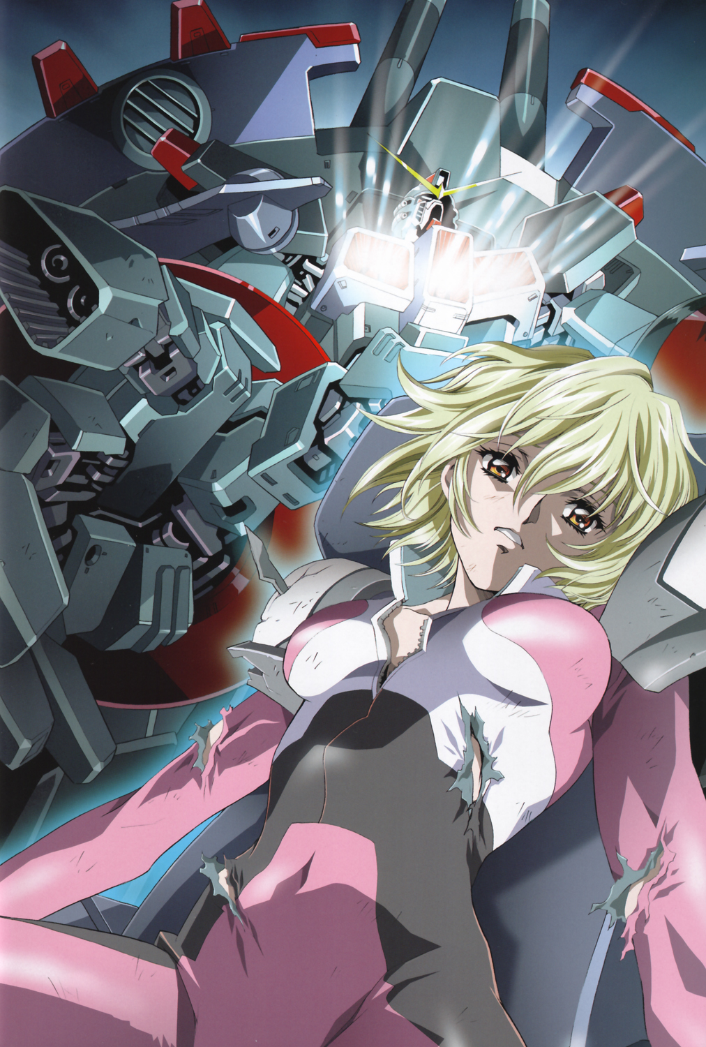 bodysuit breasts destroy_gundam gundam gundam_seed gundam_seed_destiny highres kawarajima_kou mecha pilot_suit scan short_hair sitting skin_tight stellar_loussier torn_clothes yellow_eyes