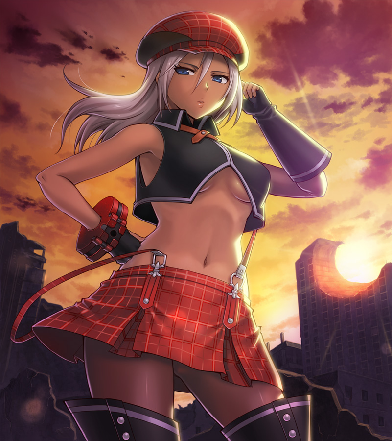 alisa_ilinichina_amiella arisa_iriinchina_amieera bare_shoulders blue_eyes boots breasts building cabbie_hat fingerless_gloves gloves god_eater god_eater_burst hand_on_hip hashi hat hips midriff navel pantyhose ruins silver_hair sky solo sun sunset suspenders thigh-highs thigh_boots thighhighs under_boob underboob white_hair