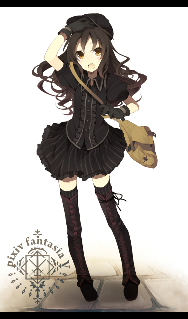 bag beret black_gloves black_hair boots gloves hand_on_head hat hat_removed headwear_removed hijiri_(resetter) letterboxed long_hair looking_up open_mouth orange_eyes pixiv_fantasia pixiv_fantasia_5 shoulder_bag simple_background skirt solo strap striped thigh-highs thigh_boots thighhighs wavy_hair yellow_eyes zettai_ryouiki