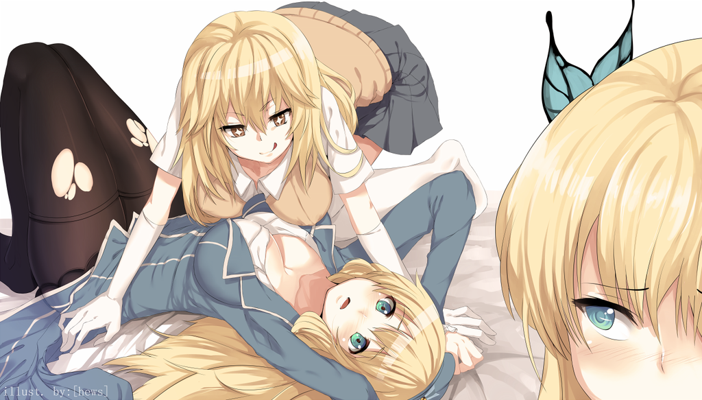 +_+ 3girls :q all_fours atago_(kantai_collection) blonde_hair blue_eyes blush boku_wa_tomodachi_ga_sukunai breasts butterfly_hair_ornament cleavage color_connection crossover d: elbow_gloves gloves hair_color_connection hair_ornament hews_hack kantai_collection kashiwazaki_sena large_breasts long_hair look-alike lying multiple_crossover multiple_girls naughty_face open_mouth out_of_frame pantyhose school_uniform shokuhou_misaki star star-shaped_pupils sweater_vest symbol-shaped_pupils thigh-highs to_aru_kagaku_no_railgun to_aru_majutsu_no_index tongue tongue_out torn_clothes torn_pantyhose yuri