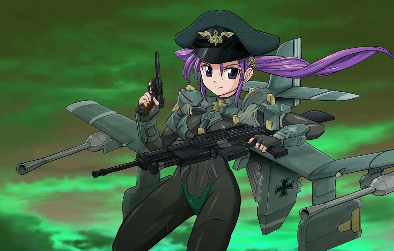 bomber dive_bomber dual_wielding fingerless_gloves gloves gun handgun hat iron_cross junkers_ju_87 long_hair luger_p08 mecha_musume mecha_to_identify military original pistol purple_eyes purple_hair rifle skin_tight solo trigger_discipline tsukamoto_takashi violet_eyes weapon world_war_ii wwii