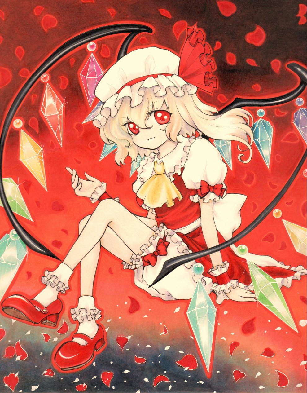 arm_support bad_id blonde_hair bloomers bobby_socks copics crystal flandre_scarlet hat hat_ribbon highres marker_(medium) mary_janes millipen_(medium) no_nose petals red_eyes ribbon rose_petals sayu_(sayubanana-888) shoes short_hair sitting socks solo the_embodiment_of_scarlet_devil touhou traditional_media wings wrist_cuffs