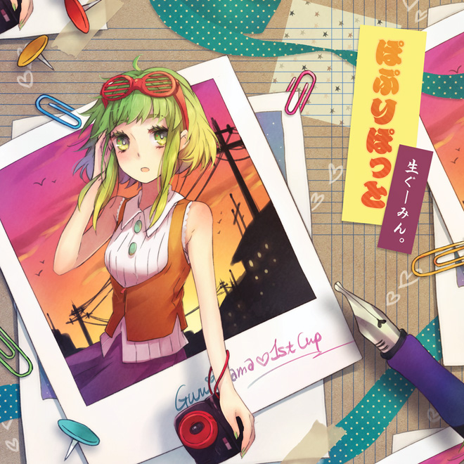 fancy_glasses fountain_pen glasses glasses_on_head green_eyes green_hair gumi paperclip pen photo_(object) polaroid shutter_shades siting_zeng vocaloid