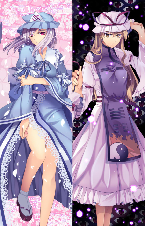 2girls arm_hug bad_id blonde_hair character_name clog_sandals dress embellished_costume eyes hat hat_ribbon holding japanese_clothes lace lavender_hair light_particles long_hair multiple_girls purple_hair ribbon saigyouji_yuyuko tabi tatsuyoshi touhou umbrella yakumo_yukari yellow_eyes yin_yang