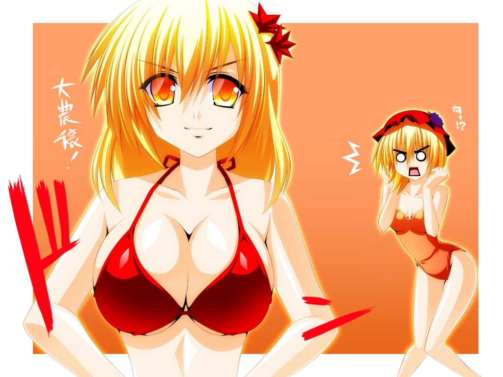 2girls aki_minoriko aki_shizuha bikini blonde_hair breasts cleavage engo_(aquawatery) orange_eyes swimsuit touhou