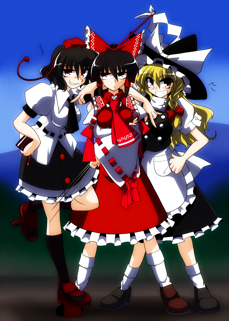 geta hakurei_reimu kieyza kirisame_marisa multiple_girls shameimaru_aya tengu-geta touhou