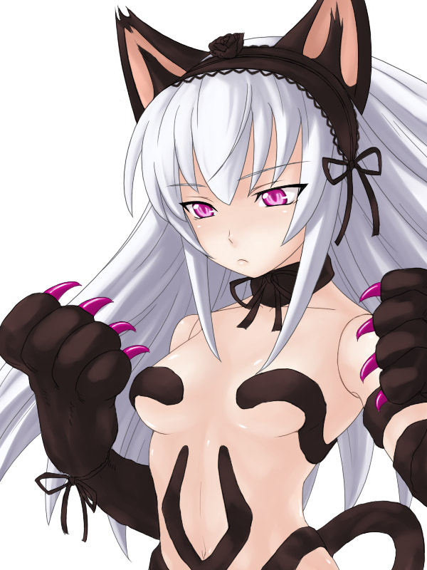 alternate_costume animal_ears cat_ears cat_tail claws cosplay felicia felicia_(cosplay) hairband itou_yuuji long_hair navel pink_eyes rozen_maiden silver_hair solo suigintou tail vampire_(game)