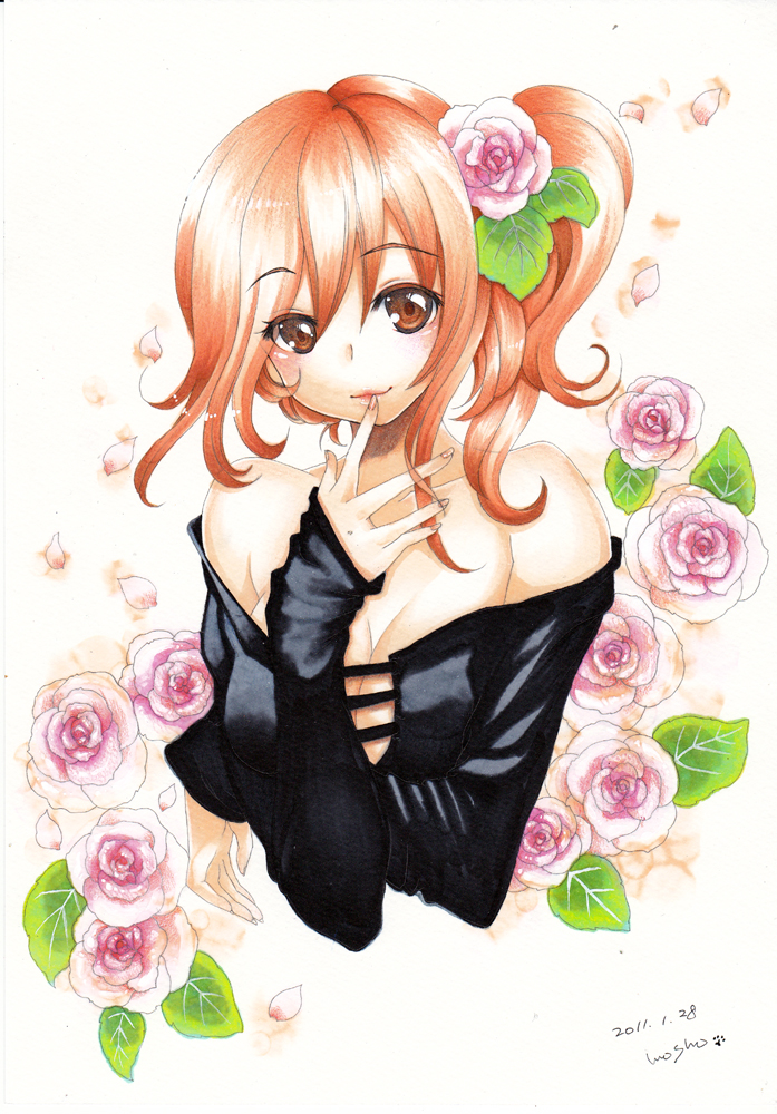 bare_shoulders blush breasts brown_eyes bust cleavage colored_eyelashes colored_pencil_(medium) eyelashes fingernails flower hair_flower hair_ornament hands lips looking_at_viewer marker_(medium) mosho off_shoulder orange_hair original petals pink_rose rose short_hair side_ponytail signature sleeves_past_wrists smile solo traditional_media watercolor_(medium)