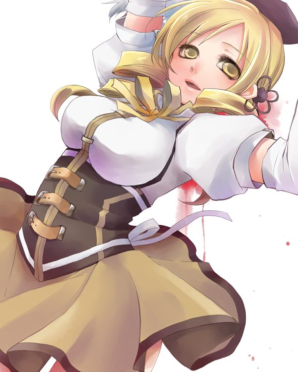 arms_up blonde_hair blood drill_hair elbow_gloves gloves mahou_shoujo_madoka_magica open_mouth simple_background skk solo tomoe_mami yellow_eyes