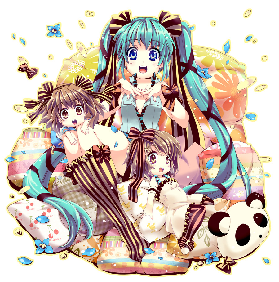 3girls aqua_hair brown_eyes brown_hair crossover don't_say_"lazy" don't_say_lazy e-nya green_hair hatsune_miku hirasawa_yui k-on! long_hair multiple_girls necktie open_clothes open_shirt panda pillow pink_legwear ribbon school_uniform shirt short_hair striped striped_legwear striped_thighhighs suzumiya_haruhi suzumiya_haruhi_no_yuuutsu thigh-highs thighhighs twintails vertical-striped_legwear vertical_stripes vocaloid yellow_legwear