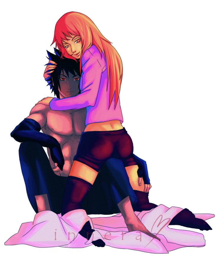 1girl ass black_boots black_gloves black_hair black_pants black_tights commentary couple duo female fingerless_gloves gauntlets gloves hand_in_hair hand_on_head hand_on_shoulder hotpants hug innera karin_(naruto) long_hair male naruto naruto_shippuuden purple_shirt red_eyes red_hair sandals sharingan shirtless short_hair shorts simple_background sitting smile source_request spiky_hair thigh-highs uchiha_sasuke white_background