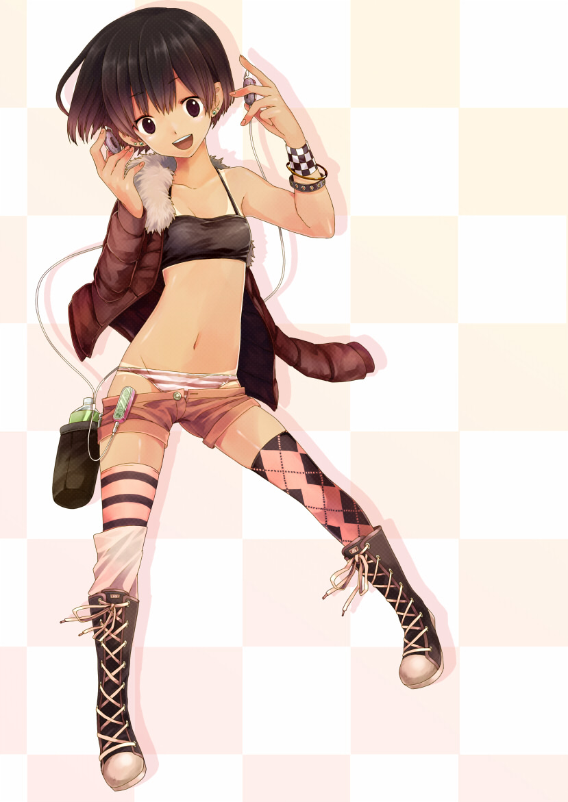 argyle_legwear asymmetrical_clothes asymmetrical_clothing boots bracelet brown_eyes brown_hair checkered digital_media_player flat_chest footwear headphones jacket jewelry navel open_mouth original panties short_hair short_shorts shorts smile socks solo striped striped_legwear striped_panties striped_socks tan tanline thighhighs toudou_charo tr underwear