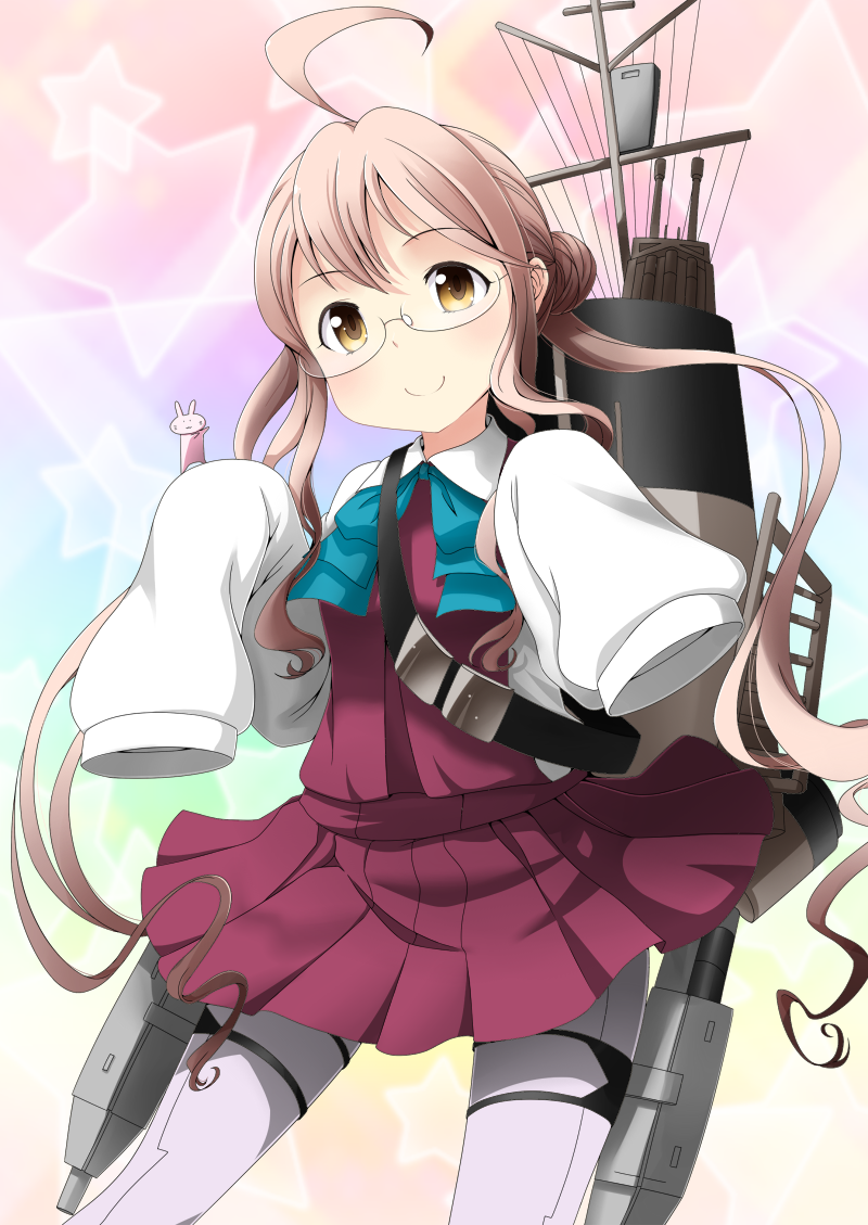 1girl ahoge glasses kantai_collection long_hair long_sleeves looking_at_viewer makigumo_(kantai_collection) niyang53 open_mouth oversized_clothes personification pink_hair ribbon sketch sleeves_past_wrists solo twintails yellow_eyes