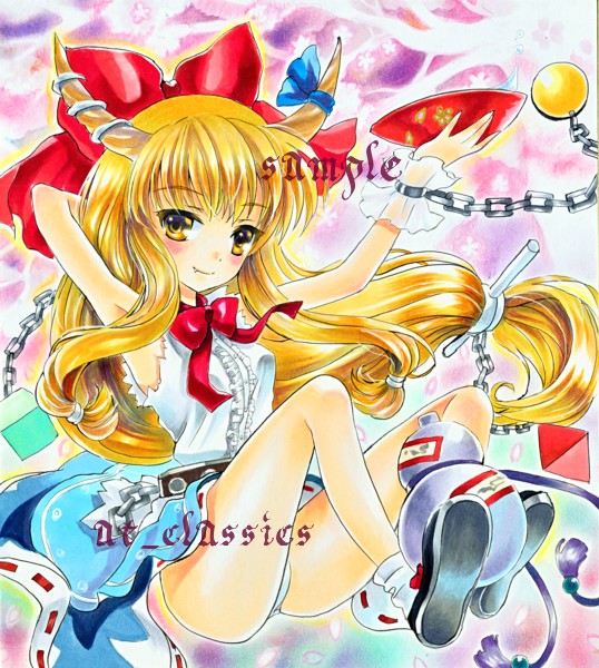 at_classics blush bow chain chains gourd hair_bow horns ibuki_suika marker_(medium) orange_eyes orange_hair sake sample solo touhou traditional_media