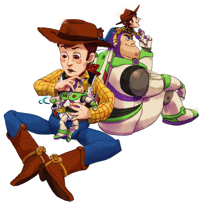 2boys buzz_lightyear cowboy_hat disney doll friends male multiple_boys pixiv sheriff_woody toy_story woody