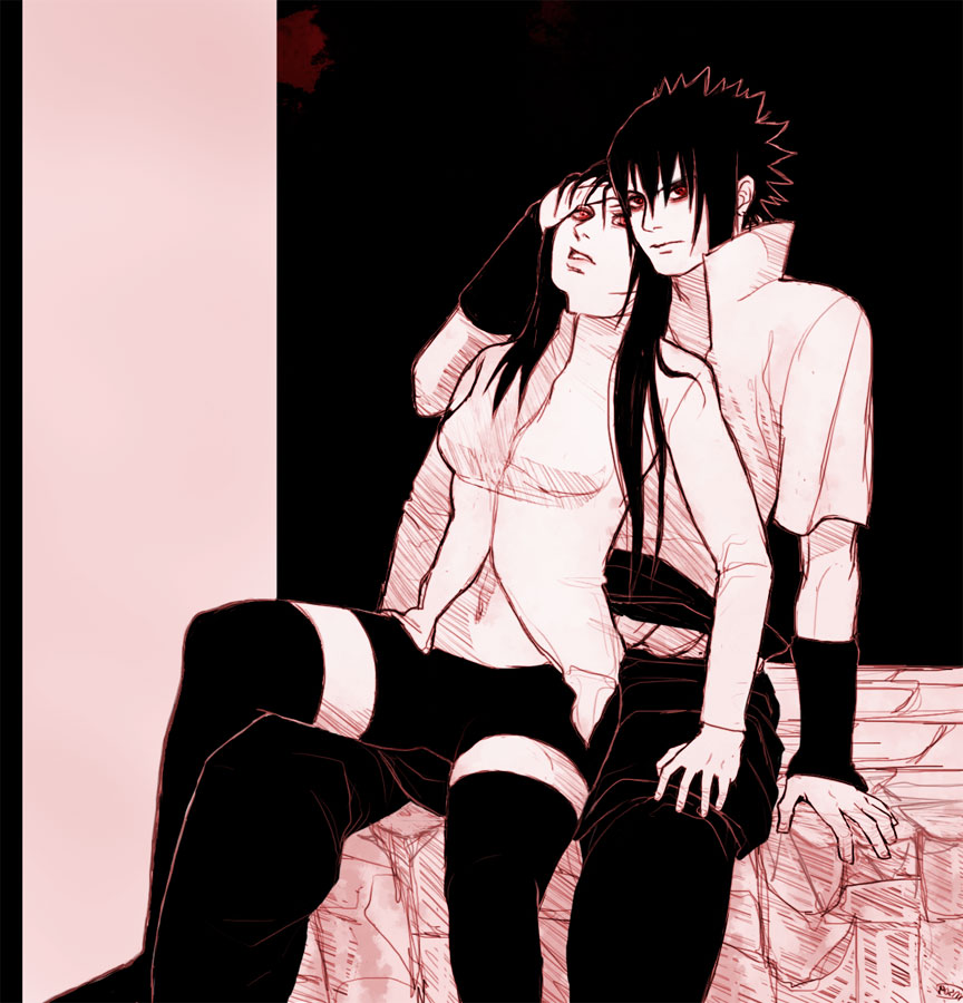 1boy 1girl bed black_armbands black_boots black_hair black_pants black_tights duo female glasses hand_on_head hotpants karin_(naruto) long_hair male monochrome musesilver naruto open_mouth pink red_eyes short_hair sitting spiky_hair teeth uchiha_sasuke