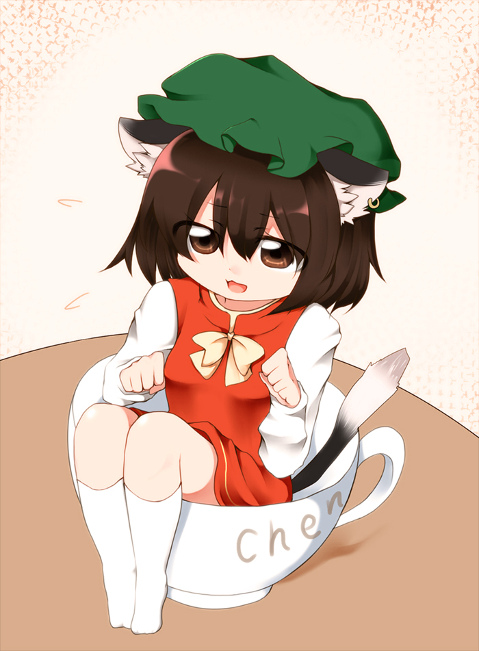 animal_ears brown_eyes brown_hair cat_ears cat_pose cat_tail chen cup earrings girl_in_a_cup hat in_container in_cup jewelry minigirl multiple_tails nanana_(chicken_union) paw_pose short_hair solo tail touhou