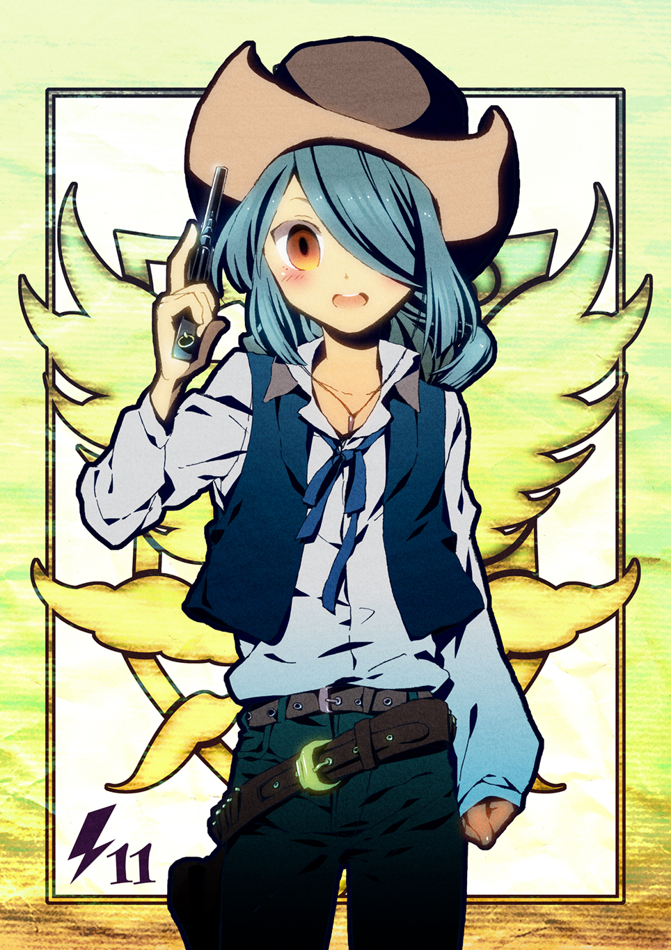 cowboy cowboy_hat cowgirl gun hair_over_one_eye hat highres inazuma_eleven inazuma_eleven_(series) kazemaru_ichirouta orange_eyes stl_labo weapon western