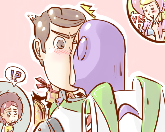 2boys ?! buzz_lightyear disney jessie jessie_the_yodeling_cowgirl kiss little_bo_peep pixiv toy_story what woody yaoi