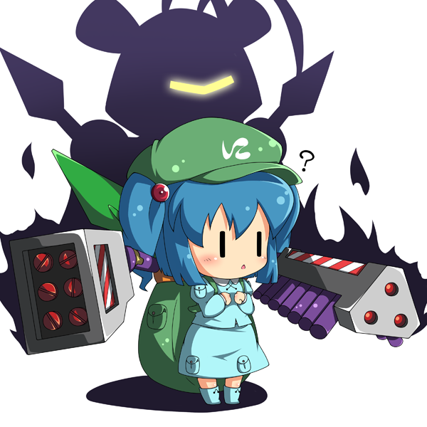 ? backpack bag blue_hair blush character_request chibi god-emperor hair_bobbles hair_ornament jinnouchi_akira kawashiro_nitori medarots missile open_mouth parody solo touhou weapon |_|