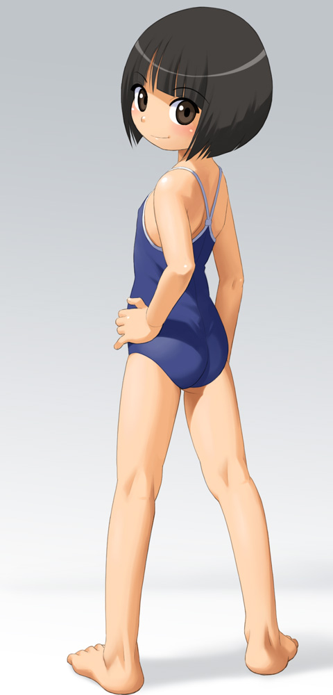 anda_(pennyroyal_tea) back barefoot black_hair blush bob_cut brown_eyes child feet flatcheez from_behind hand_on_hip hips kneepits looking_at_viewer looking_back one-piece_swimsuit onodera_sayaka original school_swimsuit short_hair solo swimsuit toes