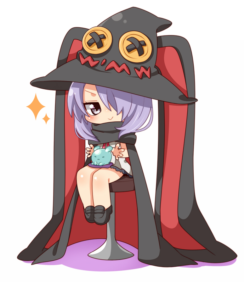 chibi hair_over_one_eye hat houkago_no_pleiades inuue_kiyu long_hair nanako_(houkago_no_pleiades) pleiadean purple_eyes purple_hair stool violet_eyes witch_hat