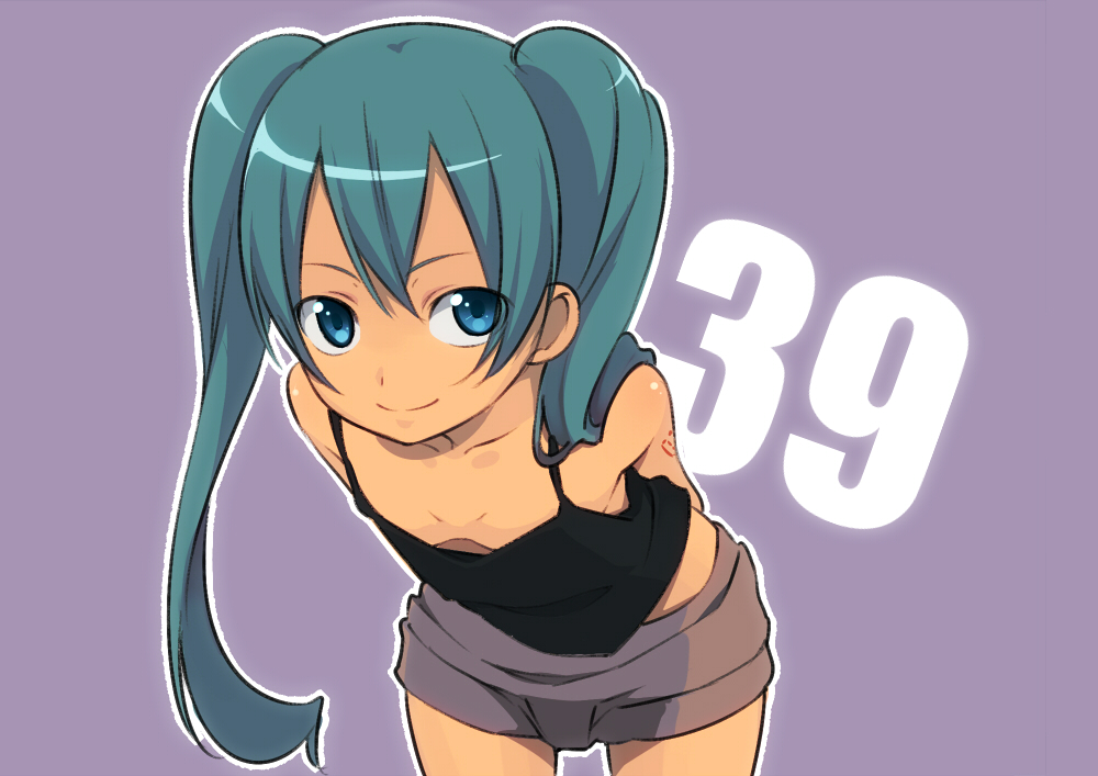 aqua_hair arms_behind_back bad_id blue_eyes collarbone down_blouse flat_chest foreshortening hatsune_miku leaning_forward long_hair sama shorts simple_background smile solo tank_top twintails vocaloid