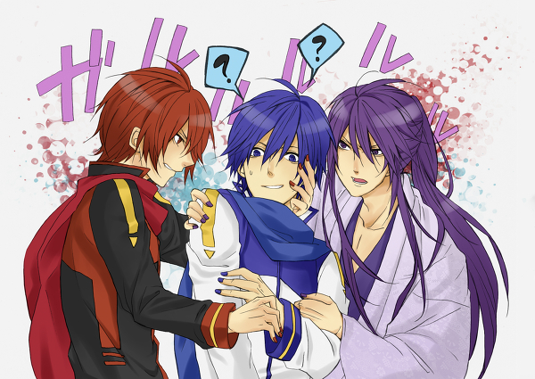 3boys akaito blue_hair kaito kamui_gakupo multiple_boys purple_hair redhead vocaloid