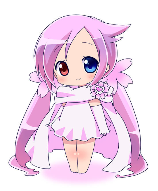 blue_eyes cape chibi dress elbow_gloves gloves heart heartcatch_precure! heterochromia infinite_precure long_hair mugen_silhouette pink_hair precure red_eyes solo twintails very_long_hair youri19