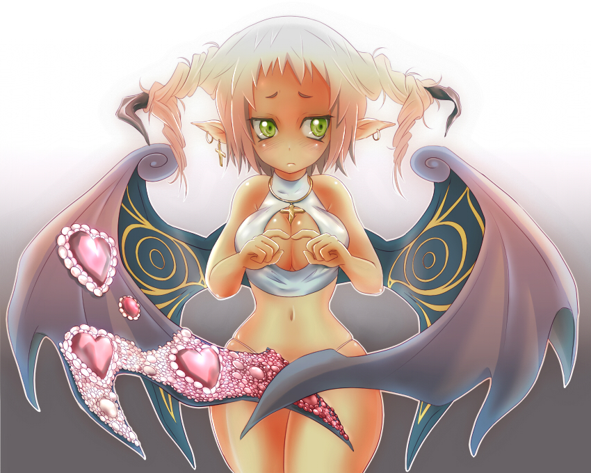 between_breasts breasts choker cleavage cross demon_girl earrings gem heart horns jewelry large_wings looking_away navel original pixiv_fantasia pixiv_fantasia_5 pointy_ears shy skindentation solo succubus wide_hips wings