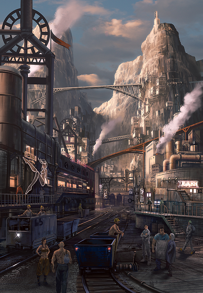 bridge cart cliff cloud fan flag lever lights mining mining_helmet mountain neon_lights noba pipes pixiv_fantasia pixiv_fantasia_5 railing railroad_tracks scenery smoke stairs steampunk town trigard_empire