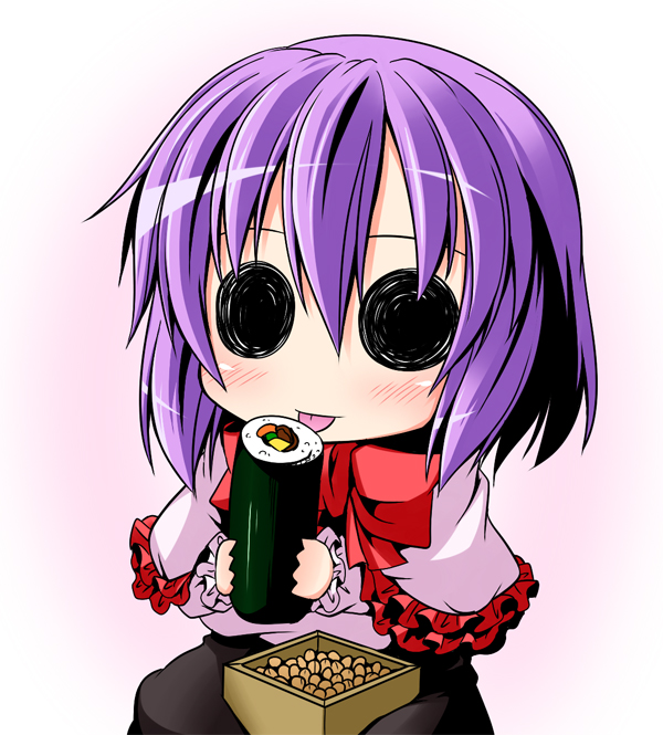 :p chibi ichimi licking makizushi masu nagae_iku no_hat no_nose purple_hair solid_circle_eyes solo sushi tongue tongue_out touhou