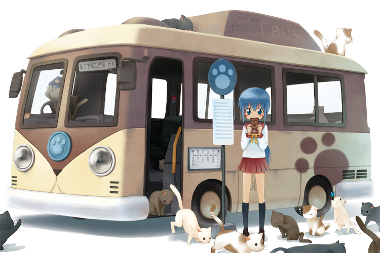 blue_eyes blue_hair blush_stickers bus butterfly cat kneehighs long_hair motor_vehicle original paw_print payot pun school_uniform serafuku skirt solo too_many_cats vehicle