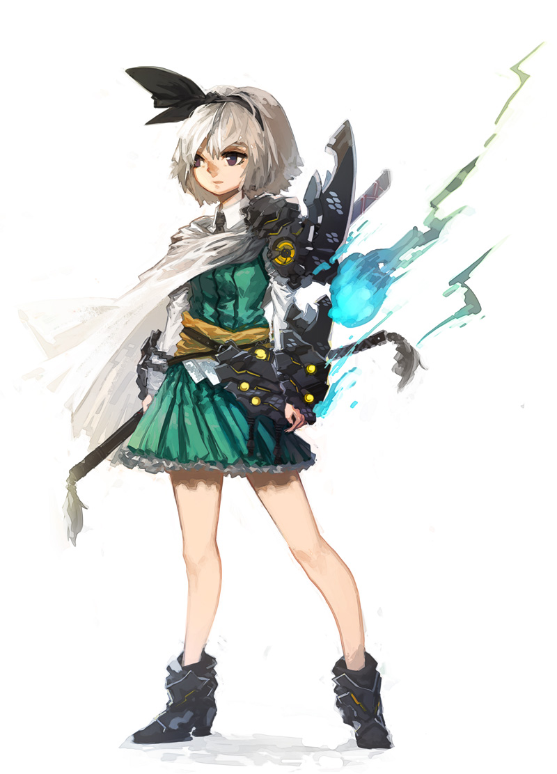 armor armored_dress belt cape ghost grey_eyes hairband katana konpaku_youmu konpaku_youmu_(ghost) myon short_hair silver_hair solo sword tlman touhou weapon