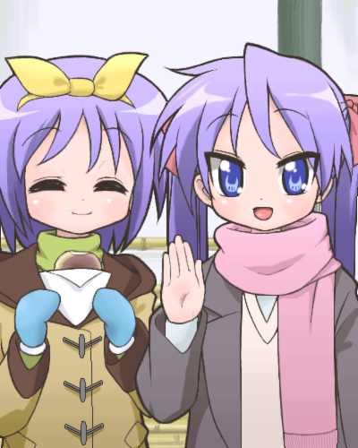 blue_eyes bread closed_eyes eating eyes_closed fjym2 food hiiragi_kagami hiiragi_tsukasa long_hair lowres lucky_star mittens purple_hair scarf short_hair siblings sisters twins twintails waving winter_clothes